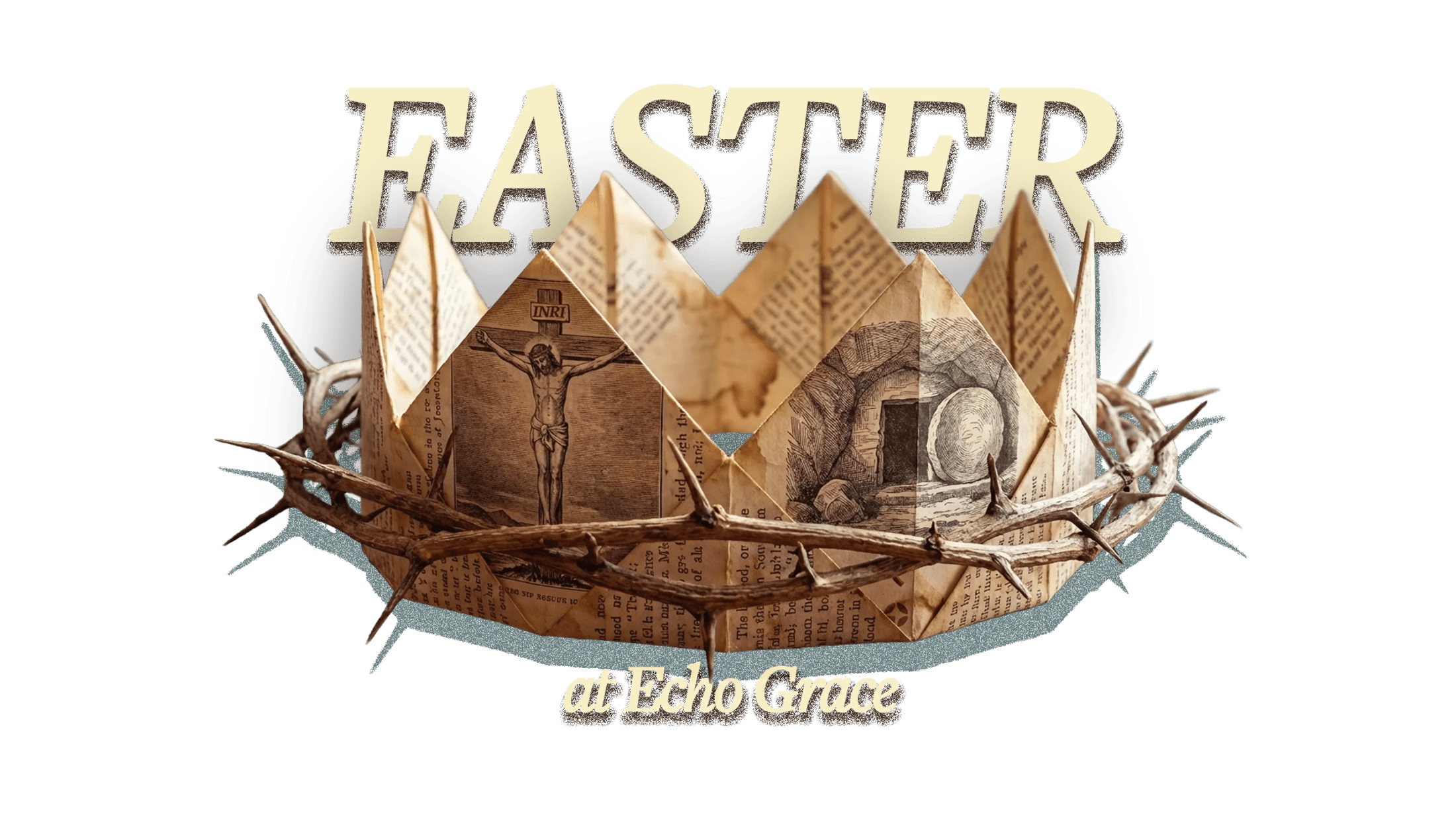 An Easter graphic showing a crown of thorns wrapped around a paper crown. The paper crown depicts the crucifixion of Jesus and his empty tomb.